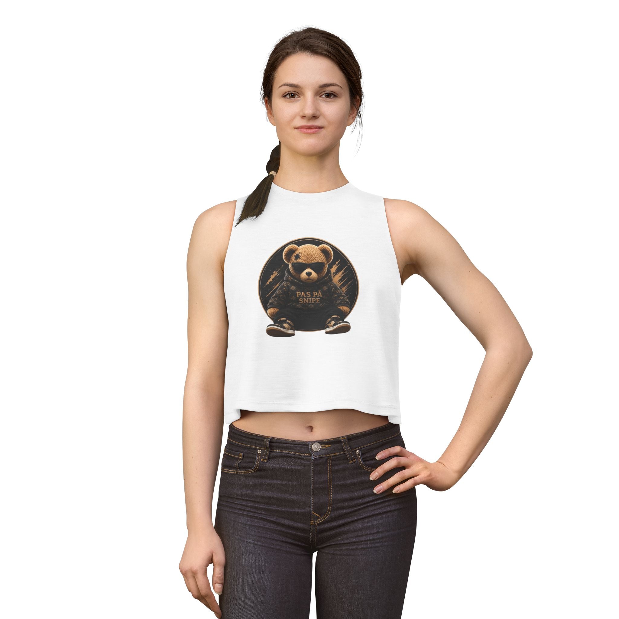 Cute Teddy Bear Graphic Crop Top — "Pas På Snipé" Women's Tank