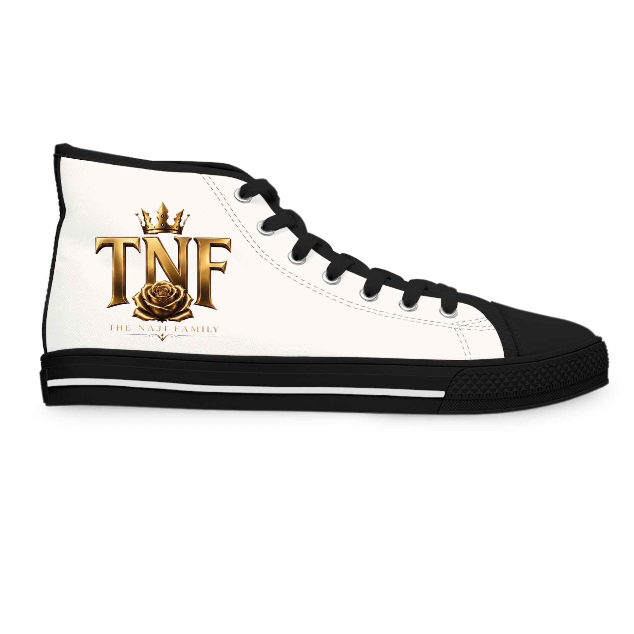 High Top Sneakers — "Divine" Gold Script Rose Graphic