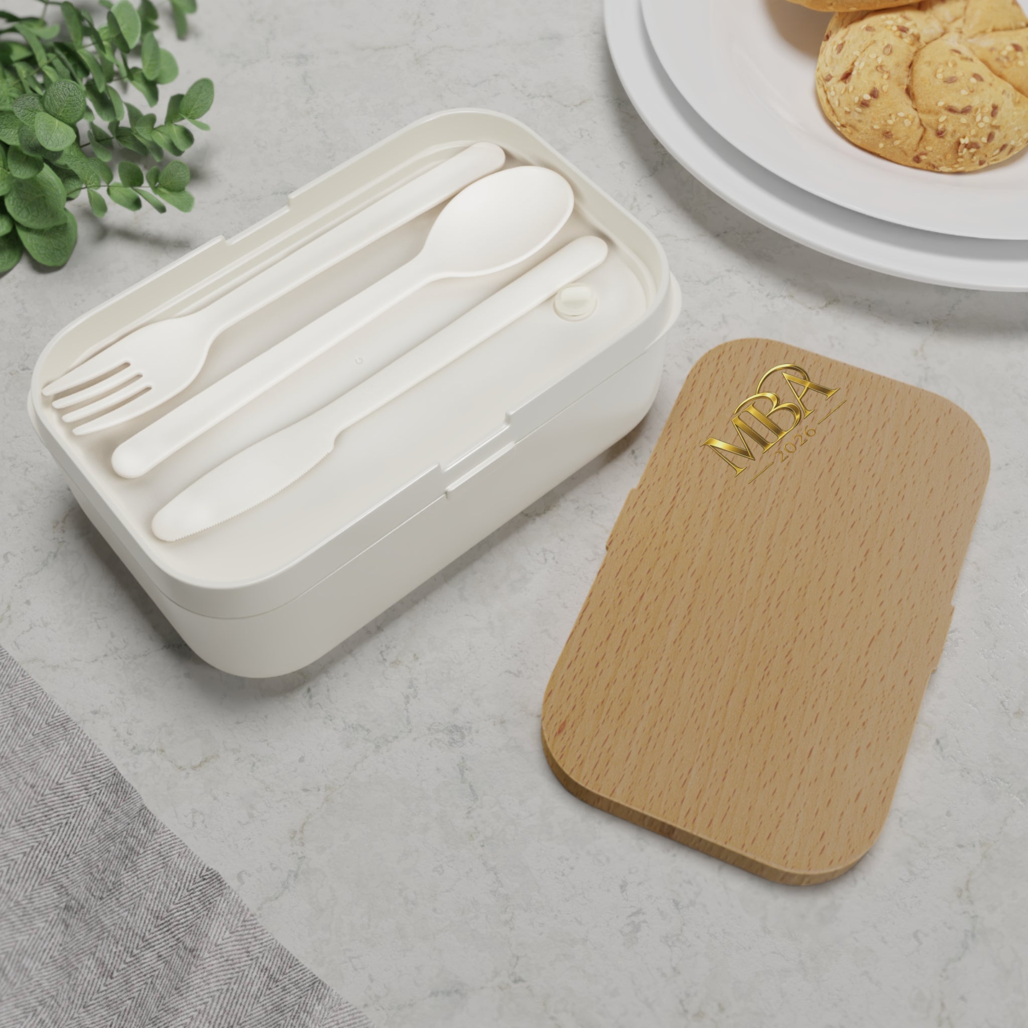 Bento Lunch Box — Wooden Lid Monogrammed Bento Box (Personalized MBA Initials)
