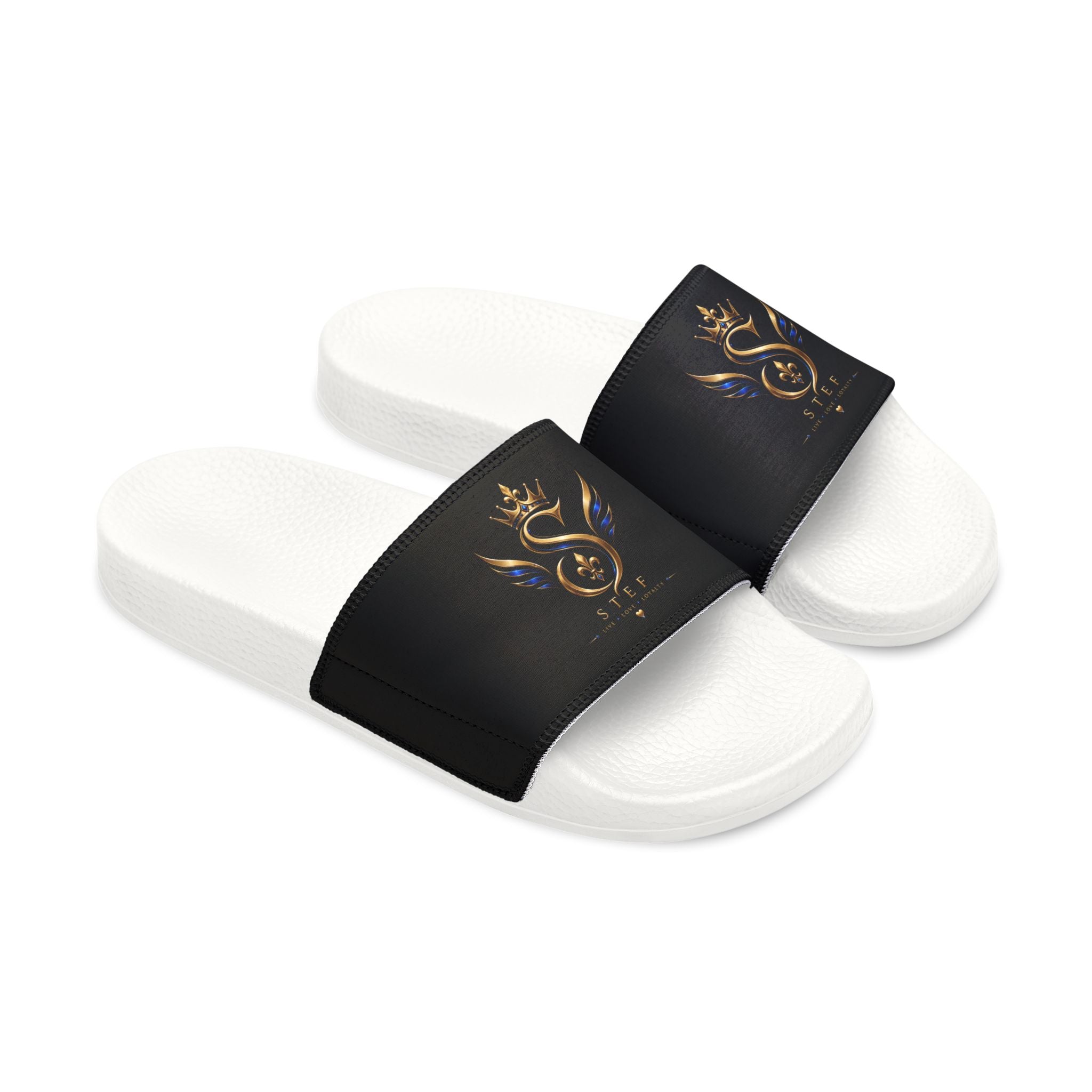 Slide Sandals — Black Strap with Gold Serpent Emblem
