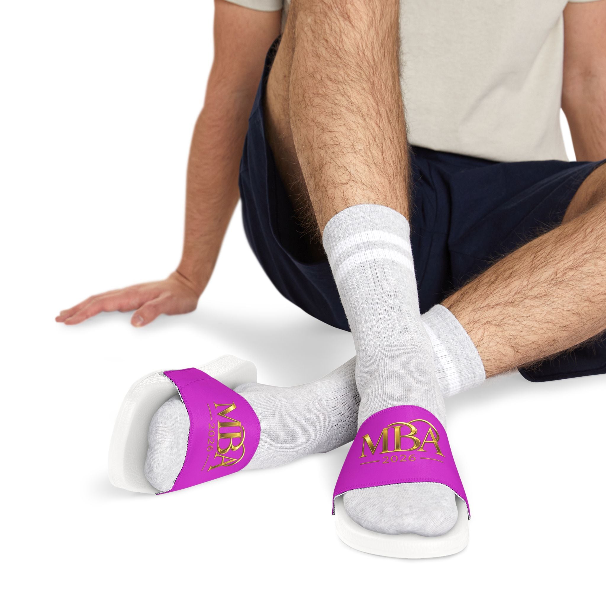 Slide Sandals — Purple 'MBA 2026' Removable‑Strap Pool Slides for Men