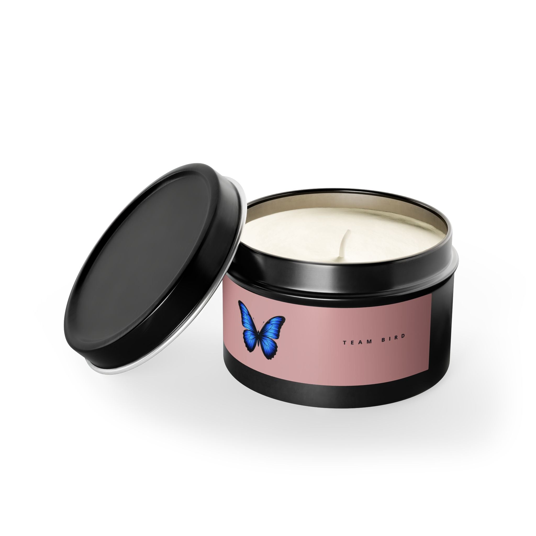 Butterfly Tin Candle — Floral & Vanilla Scented Travel Candle, 'Team Bird' Pink Label