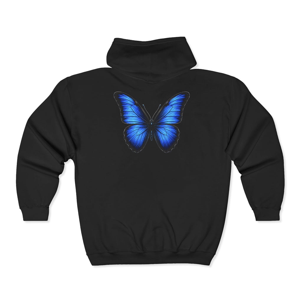 Blue Butterfly Zip Hoodie — "Team Bird" Minimal Front Logo, Vibrant Back Graphic