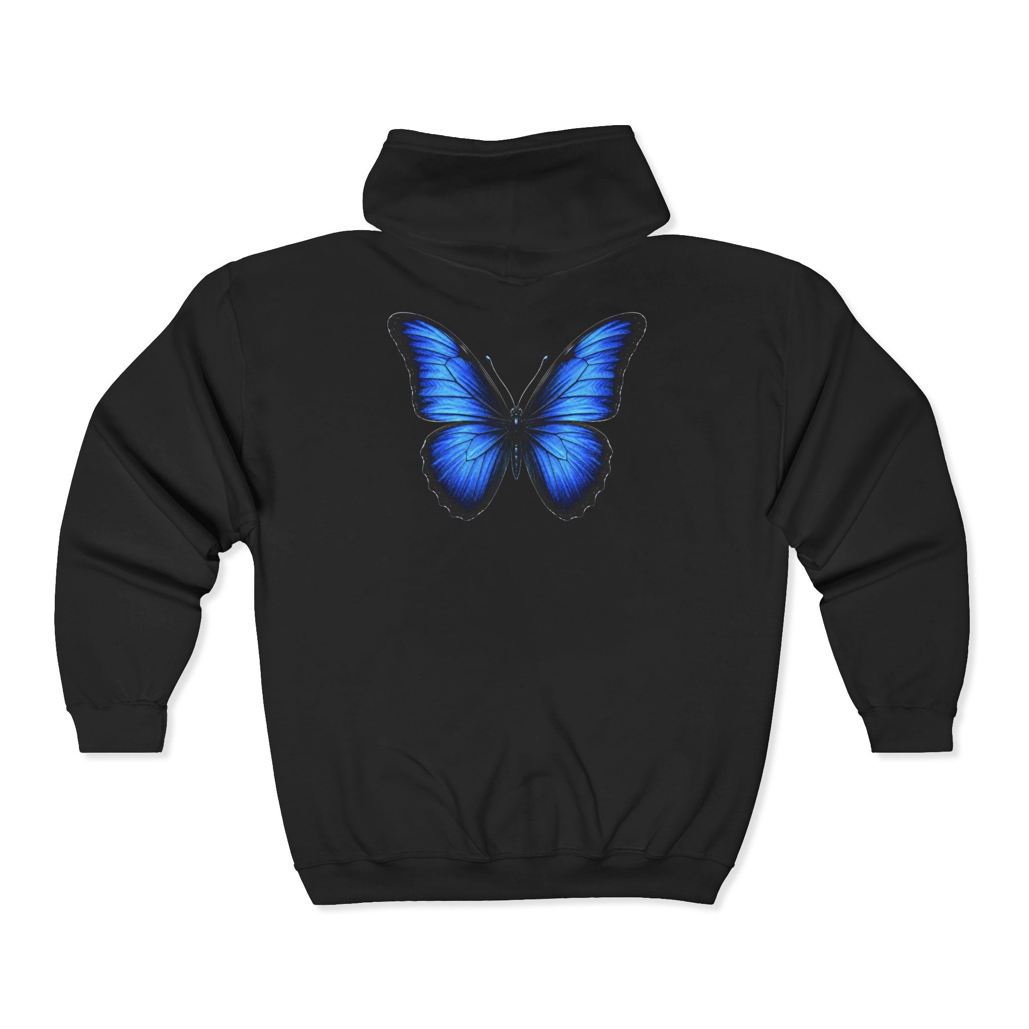 Blue Butterfly Zip Hoodie — "Team Bird" Minimal Front Logo, Vibrant Back Graphic