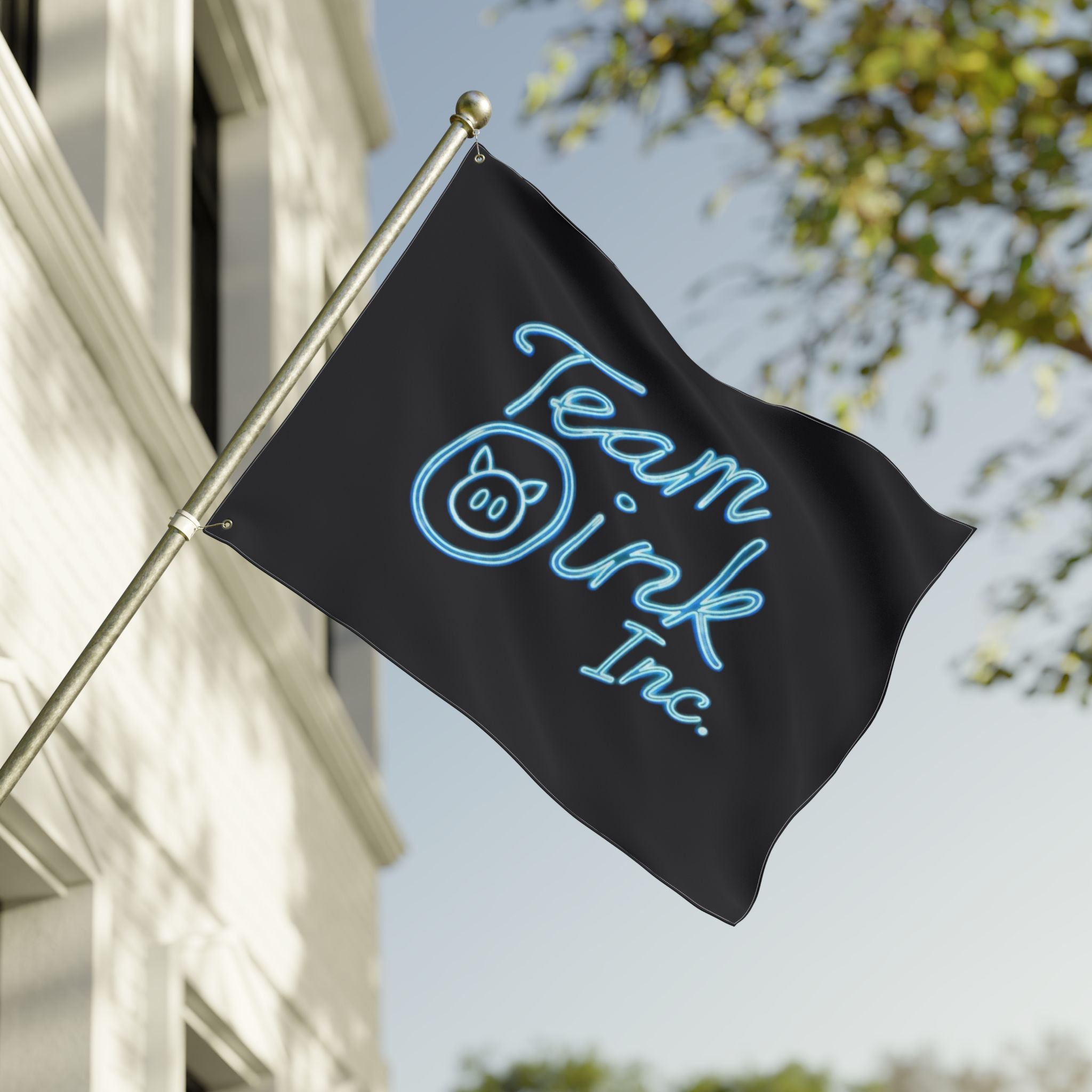 Team Oink Inc. Double-Sided Flag — Neon Script Pig Logo
