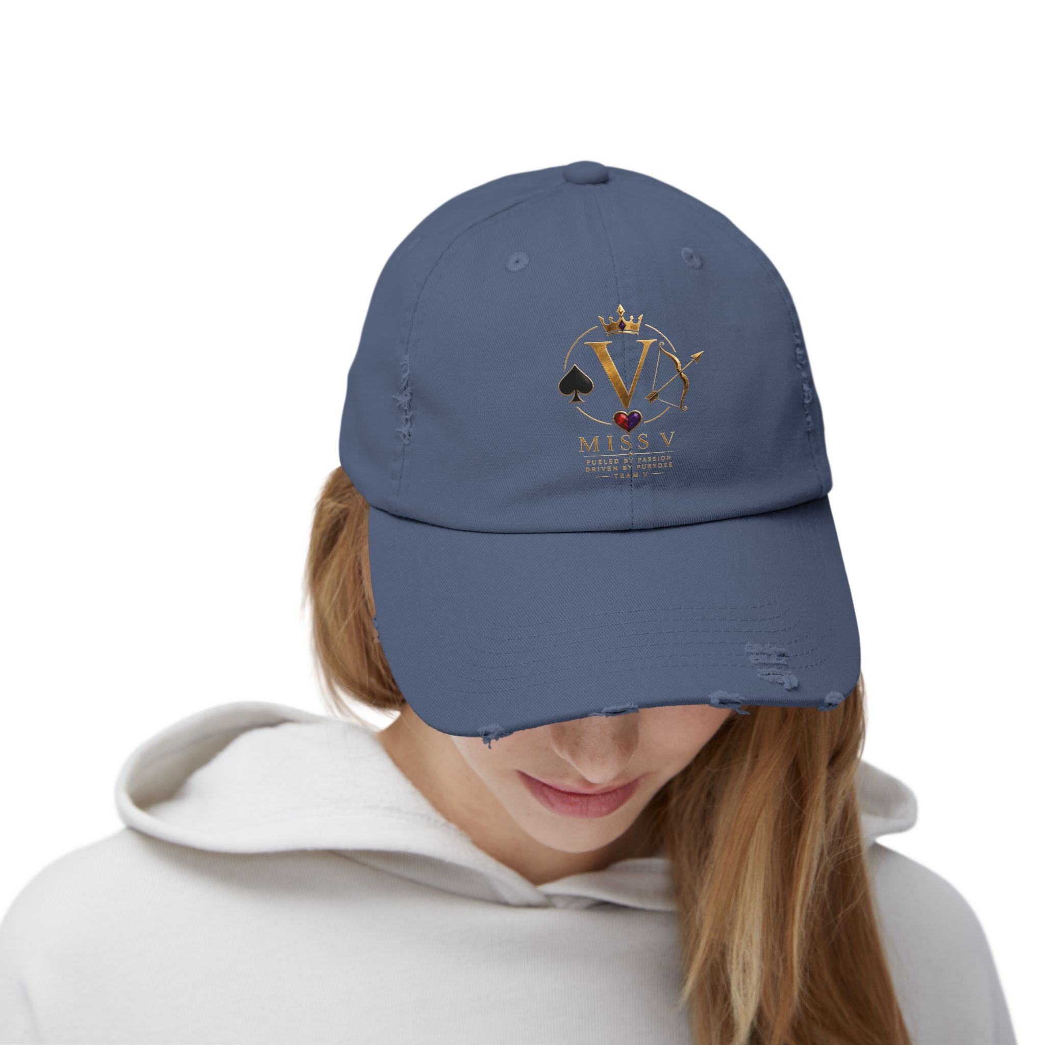 Distressed Black Cap — Miss V Crown & Card Emblem