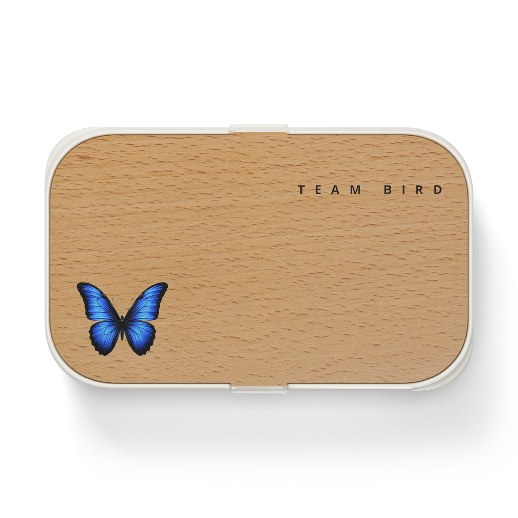 Wood Grain Bento Lunch Box with Blue Butterfly Accent