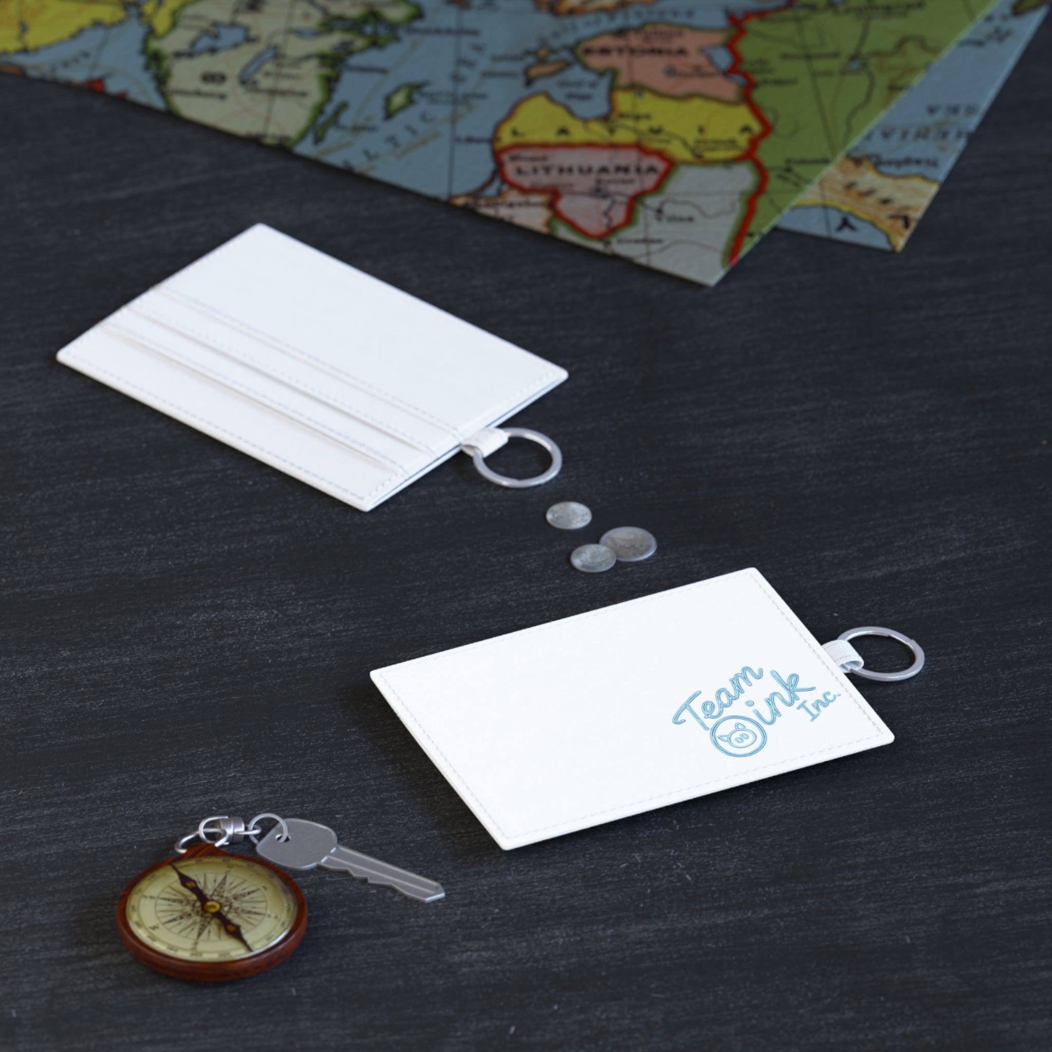 Saffiano Leather Card Holder — Team Oink Inc. Light Blue Logo