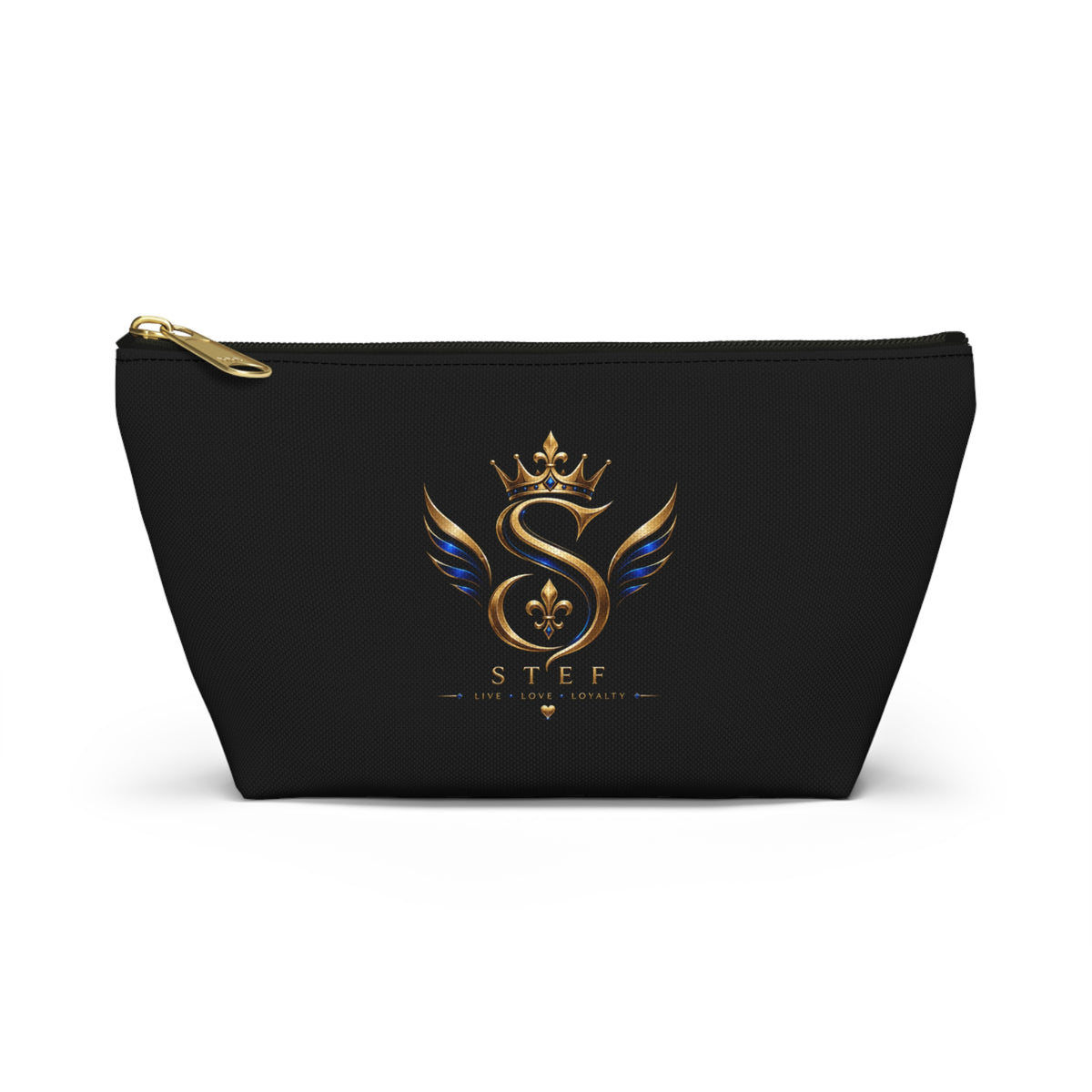 Royal S Emblem Accessory Pouch — Luxurious Black Makeup Bag with Gold Crown Logo
