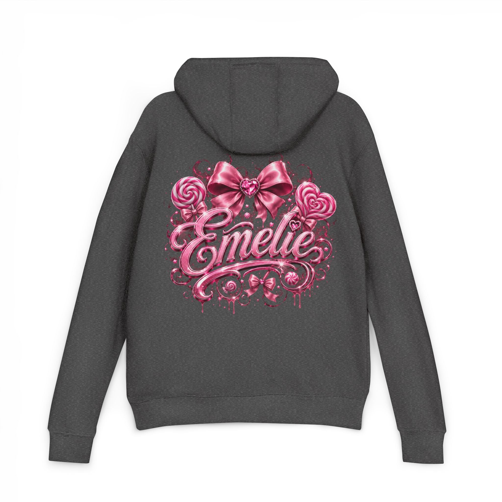 Name Personalized Hoodie — Pink Ribbon Candy Script Back Design