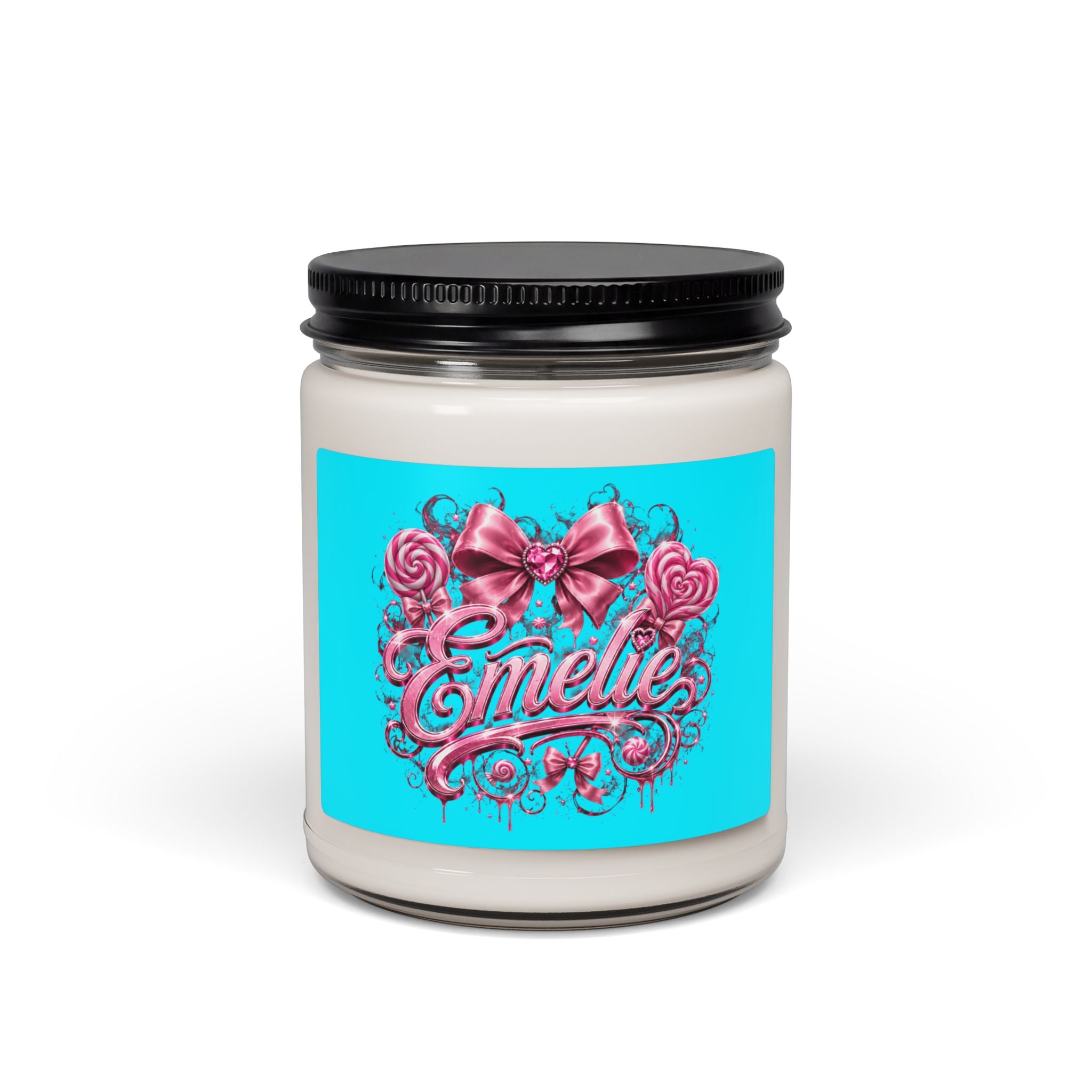 Personalized 9oz Soy Candle — "Emelie" Pink Bow & Candy Floral Design