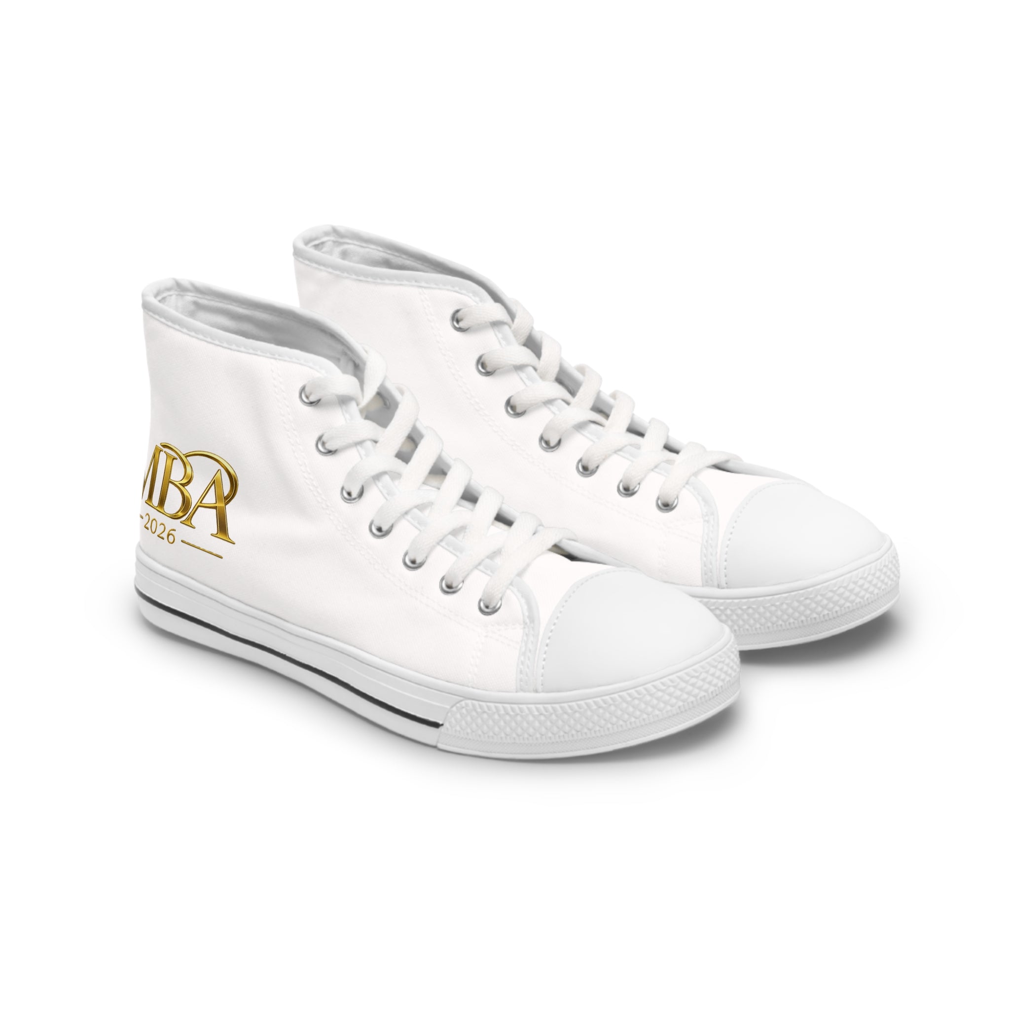 Women's High Top Sneakers — White Canvas Casual Trainers with Gold Monogram Accent