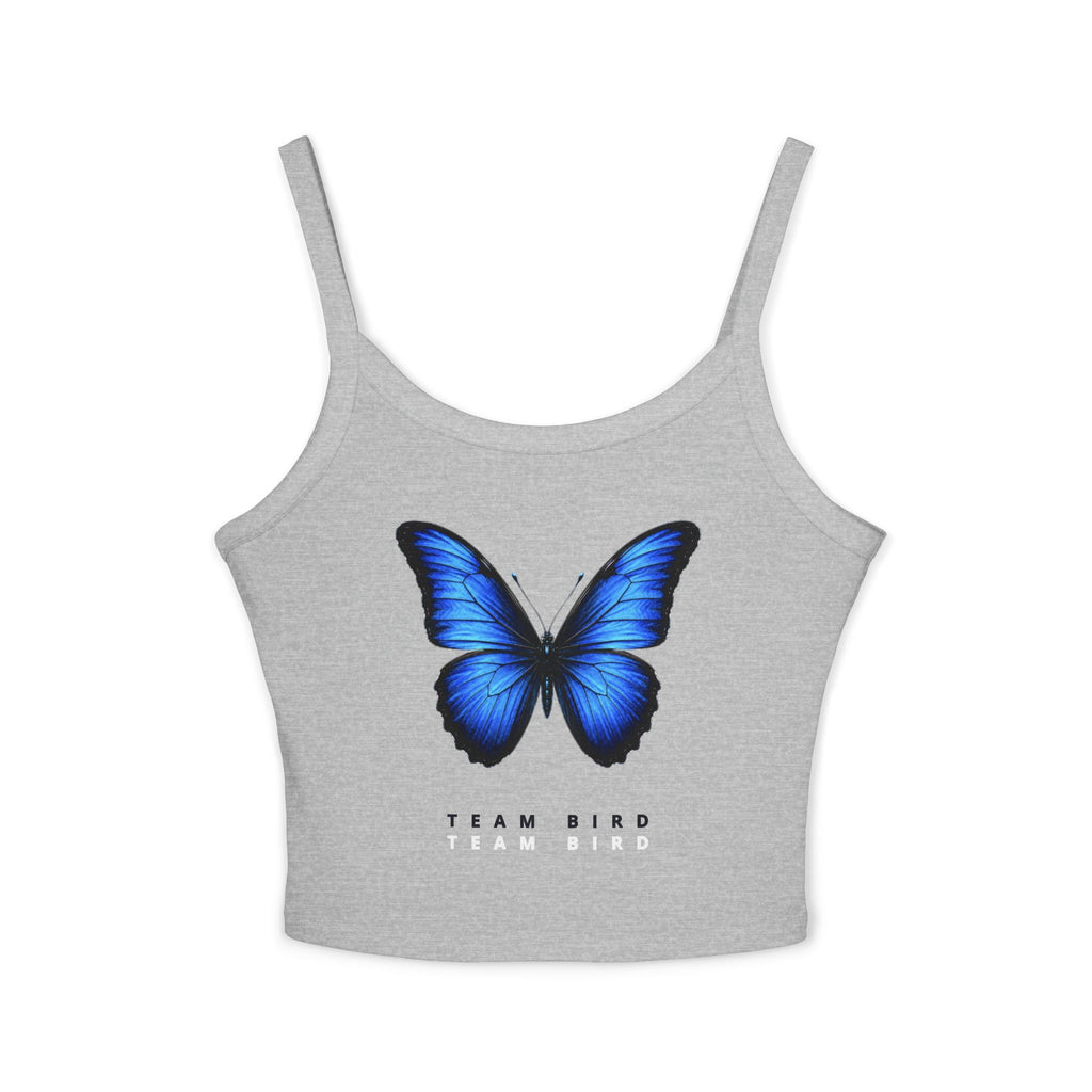 Blue Butterfly Crop Tank — "Team Bird" Women's Spaghetti Strap Top