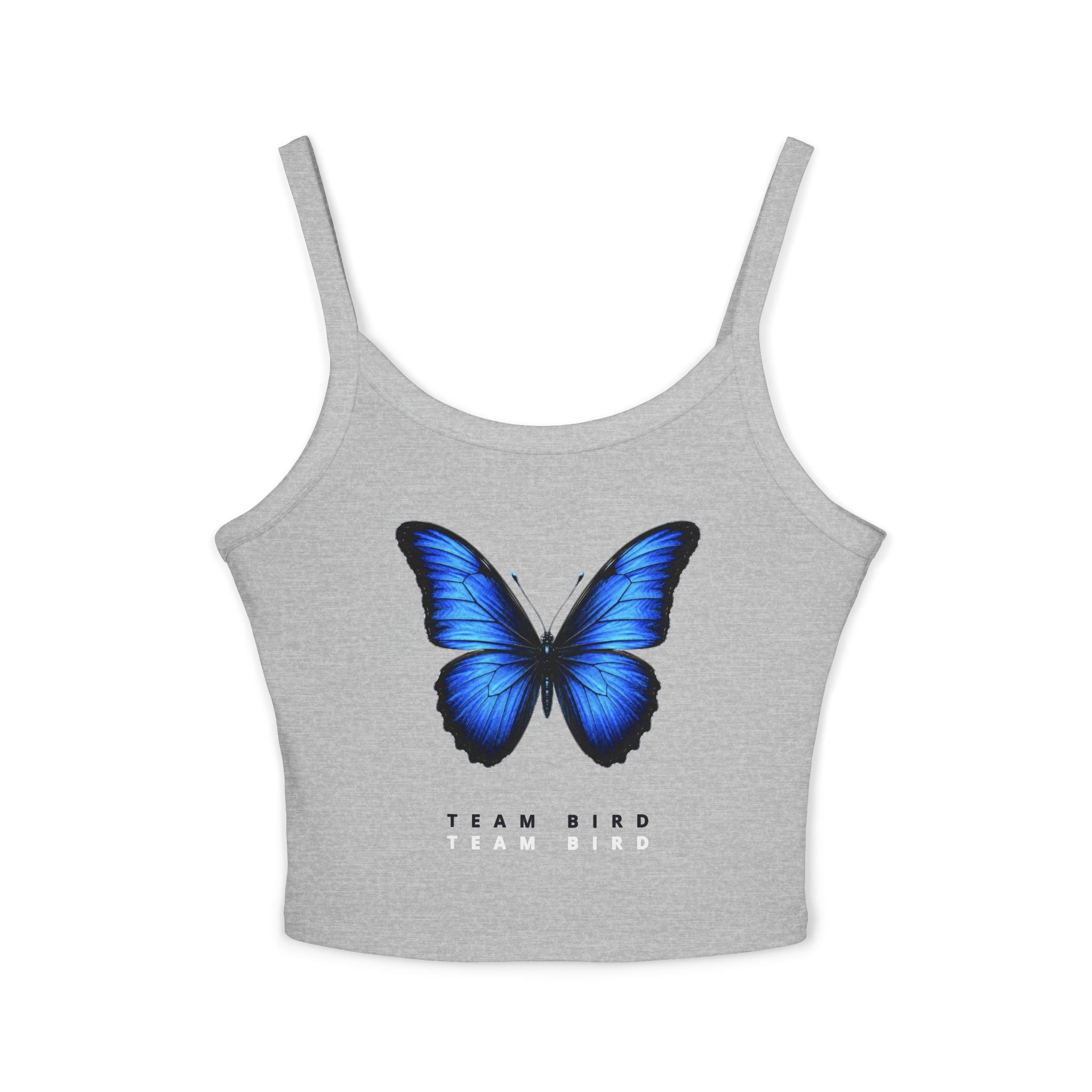 Blue Butterfly Crop Tank — "Team Bird" Women's Spaghetti Strap Top