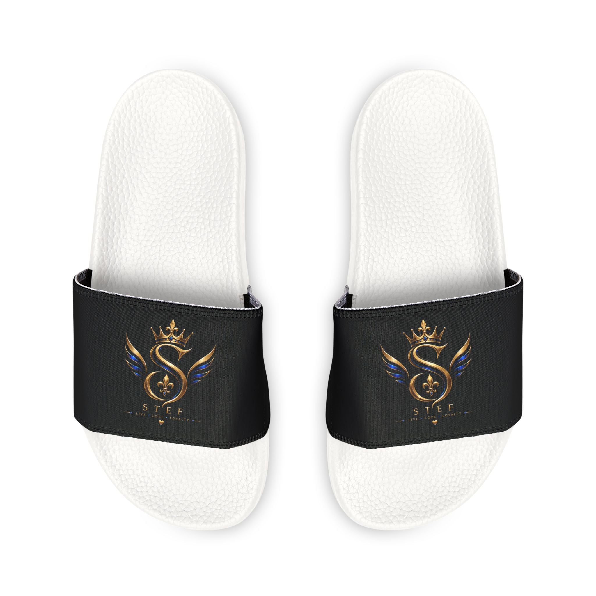 Slide Sandals — Black Strap with Gold Serpent Emblem