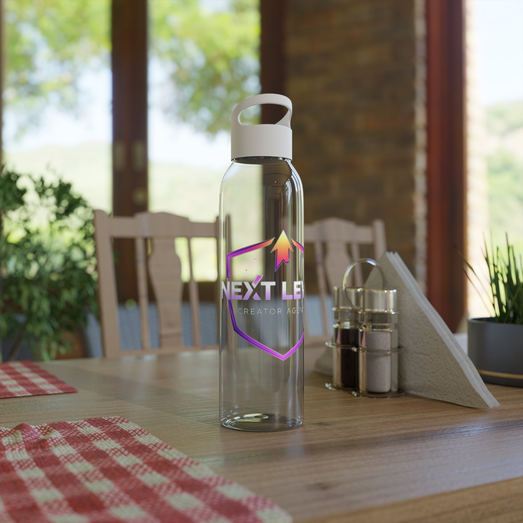 Sky Water Bottle — Clear Bottle with Gradient Arrow Logo (Next Level Creator Agency)