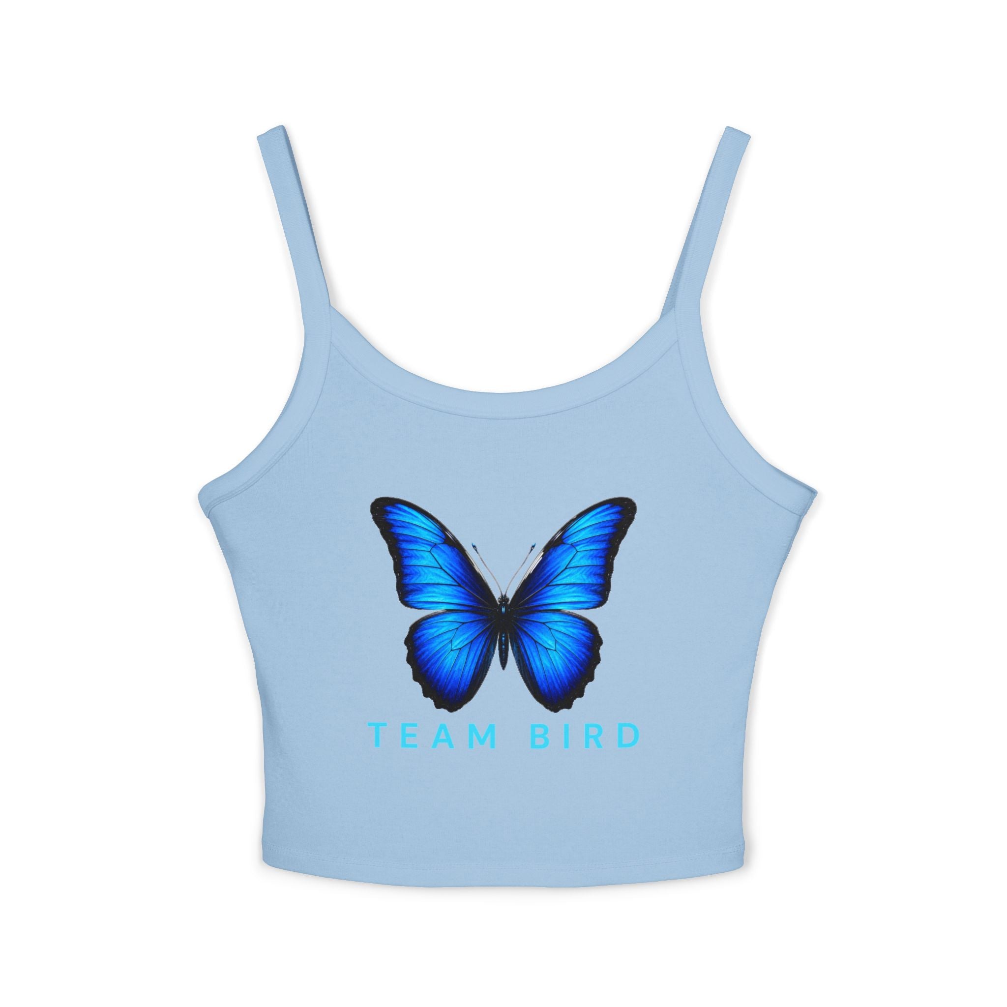 Team Bird Blue Butterfly Tank Top — Women's Spaghetti Strap Crop