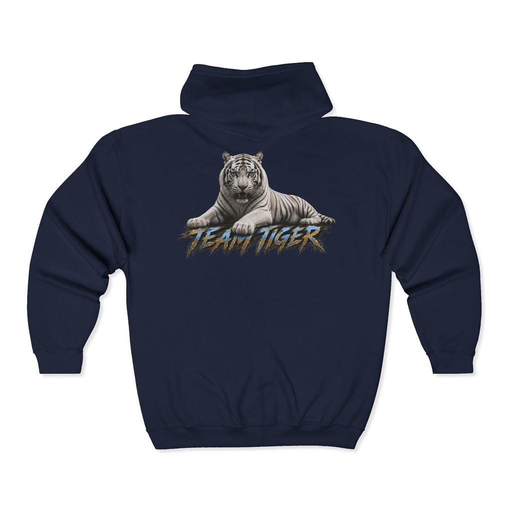 Team Tiger Zip-Up Hoodie — Retro Graphic White Tiger Back Print