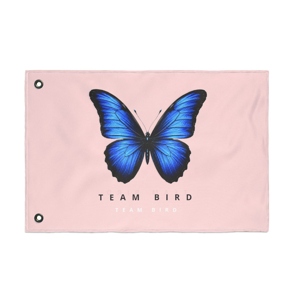 Double-Sided Flag — Pink Blue Butterfly "Team Bird" Garden Banner