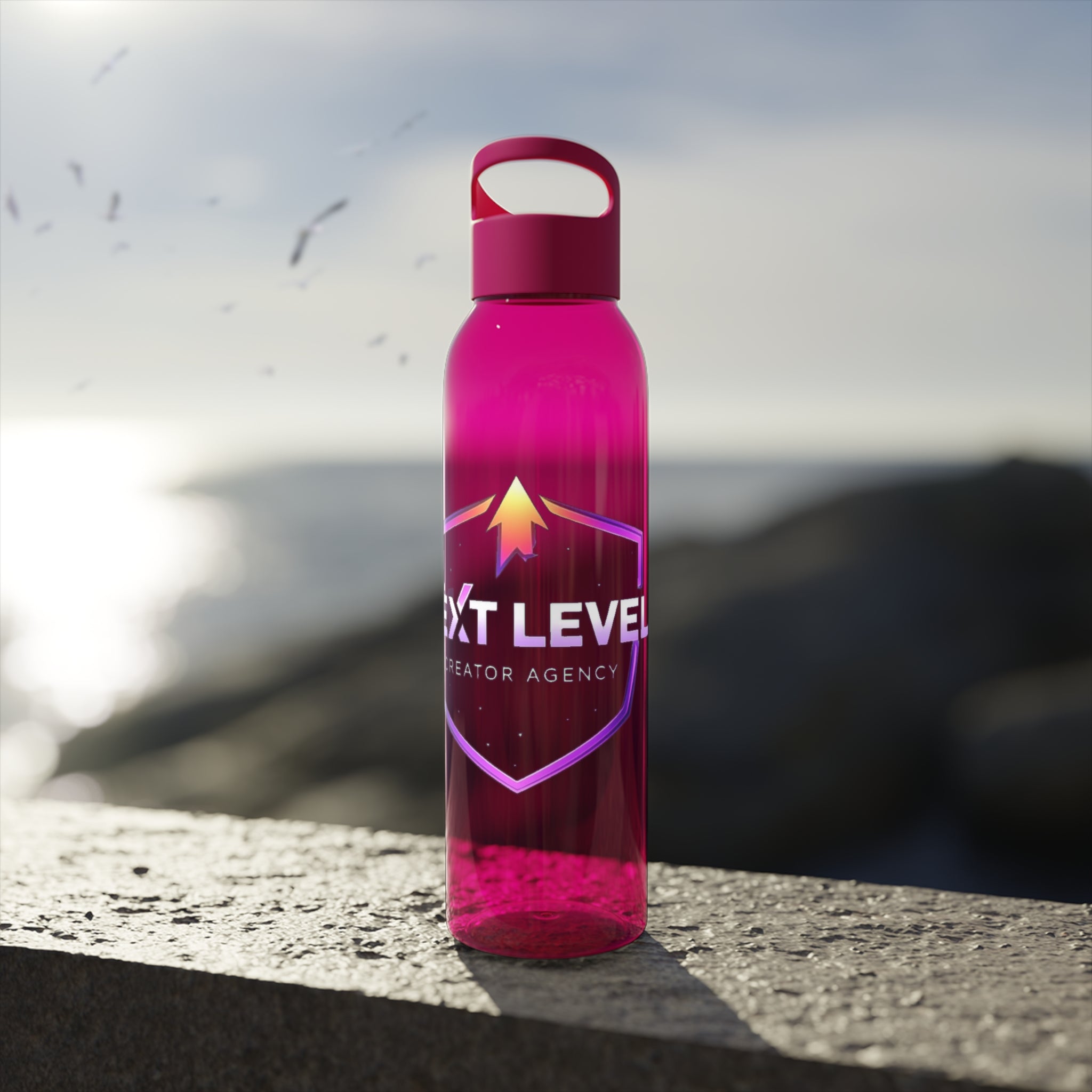 Sky Water Bottle — Clear Bottle with Gradient Arrow Logo (Next Level Creator Agency)