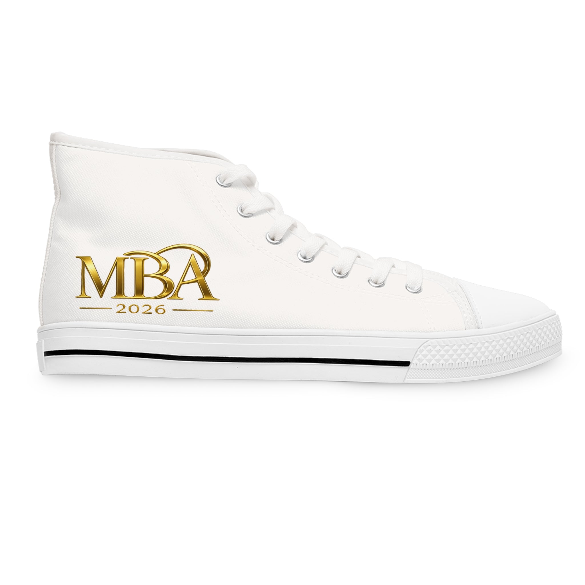 Women's High Top Sneakers — White Canvas Casual Trainers with Gold Monogram Accent