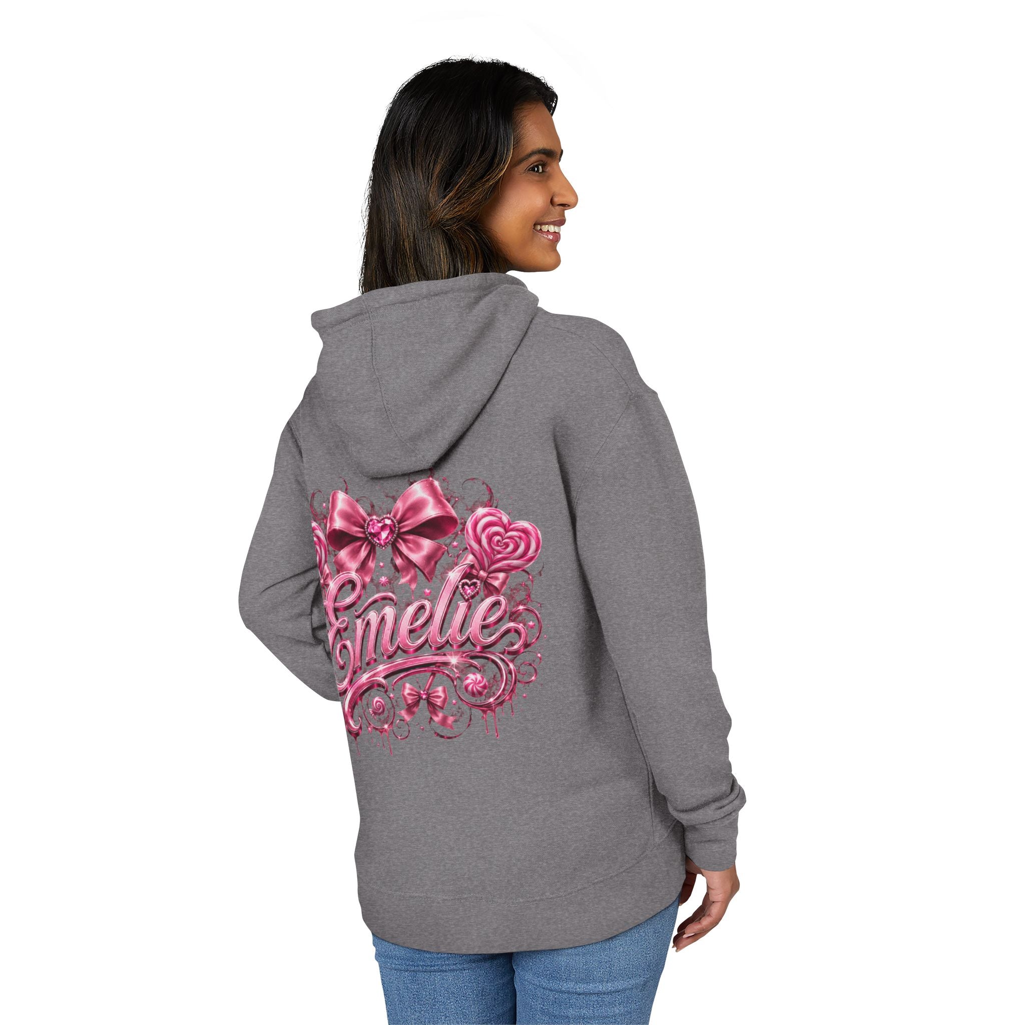 Name Personalized Hoodie — Pink Ribbon Candy Script Back Design