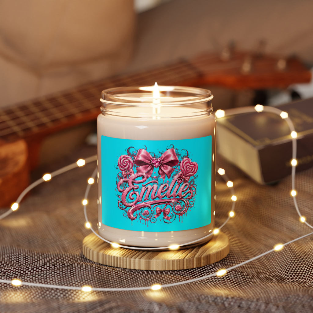 Personalized 9oz Soy Candle — "Emelie" Pink Bow & Candy Floral Design