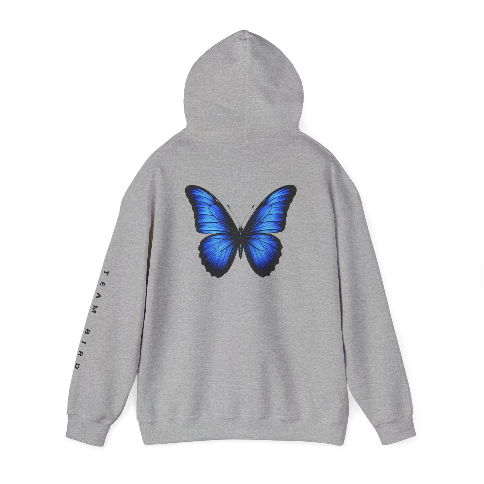 Butterfly Hoodie — "Team Bird" Blue Butterfly Graphic Hooded Sweatshirt