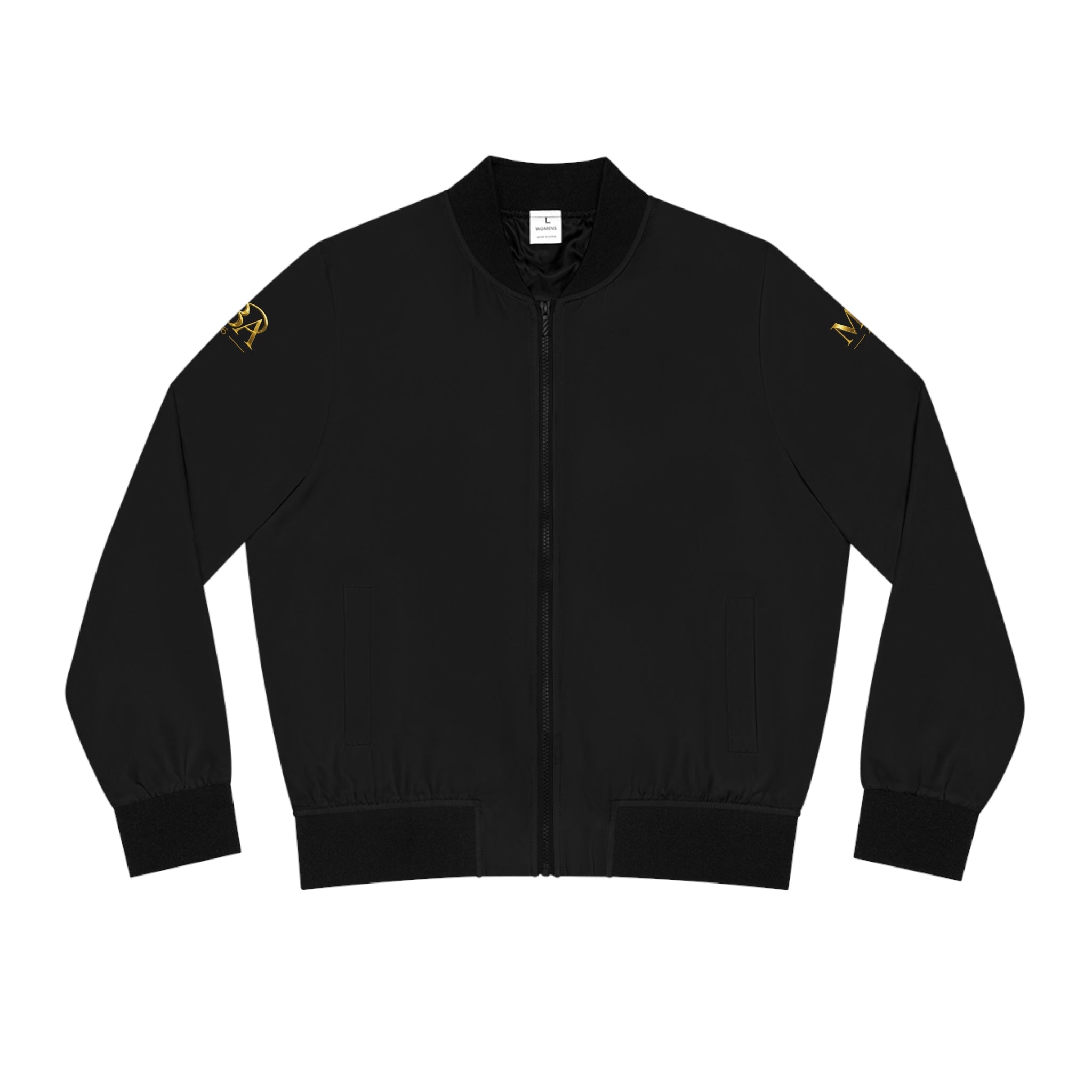 Gold Emblem Women's Bomber Jacket – Black Satin Lettering