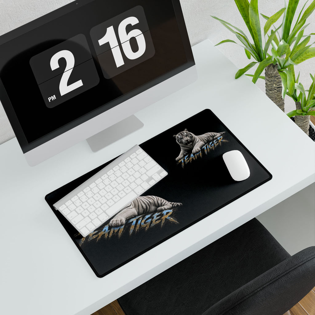 Team Tiger Desk Mat — Black Gaming Mouse Pad with White Tiger Design