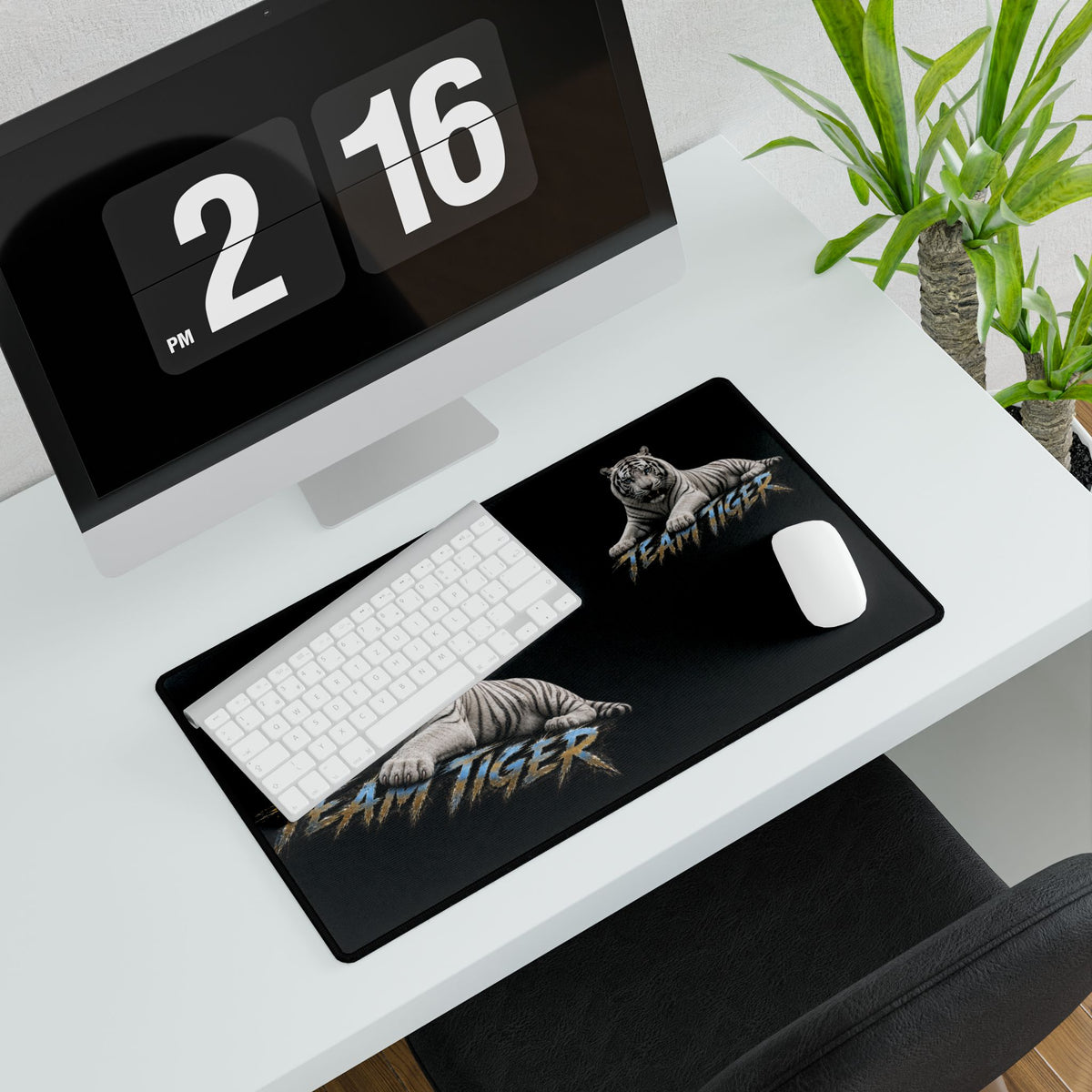 Team Tiger Desk Mat — Black Gaming Mouse Pad with White Tiger Design