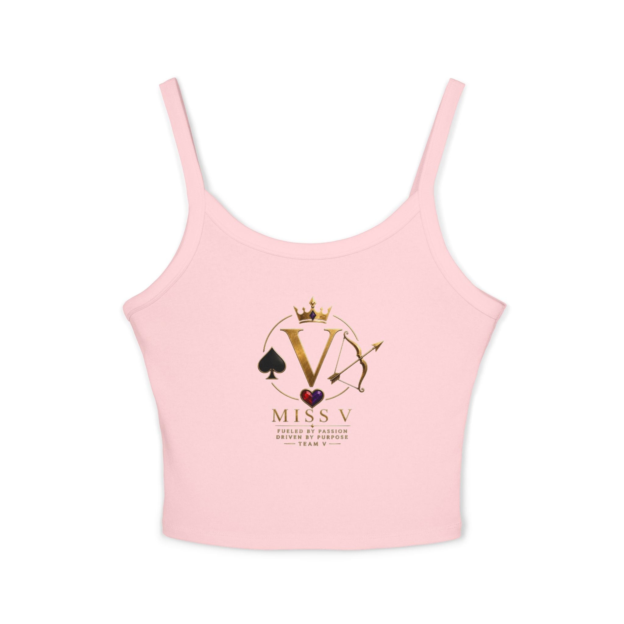 Spaghetti Tank Top — "Miss V" Gold Crown Playing Card Logo Crop