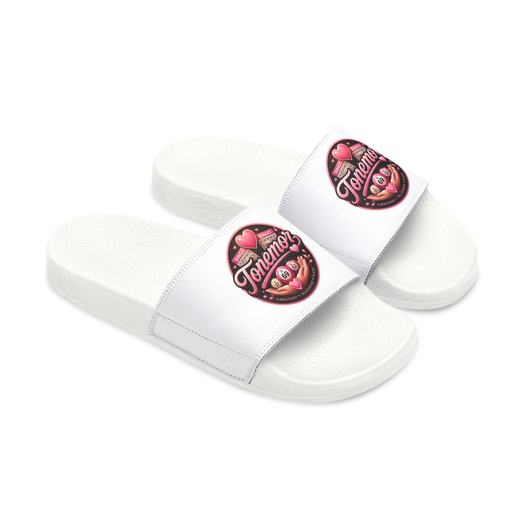 Slide Sandals — White Removable-Strap Slides with Pink 'Jammin' Heart' Logo
