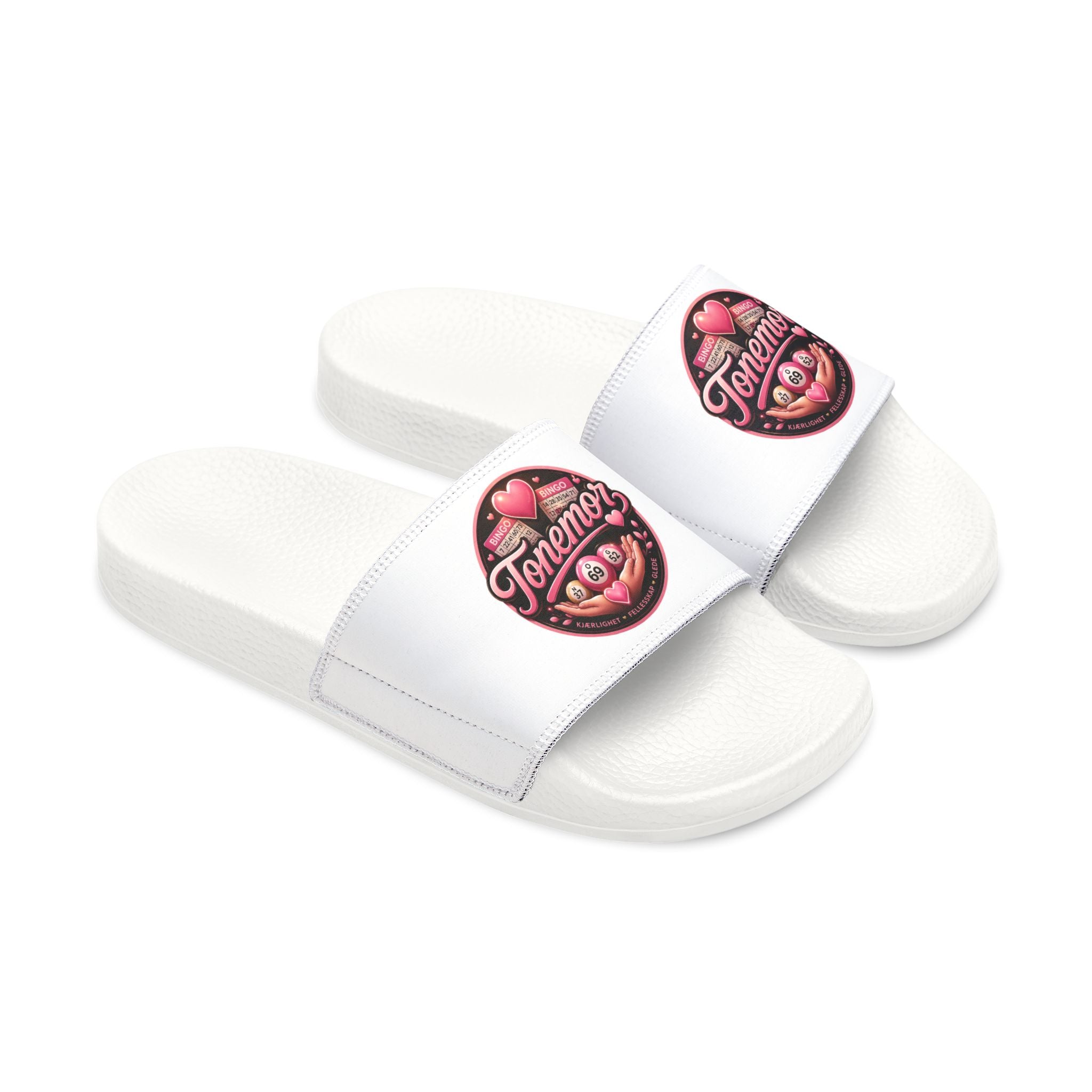 Slide Sandals — White Removable-Strap Slides with Pink 'Jammin' Heart' Logo