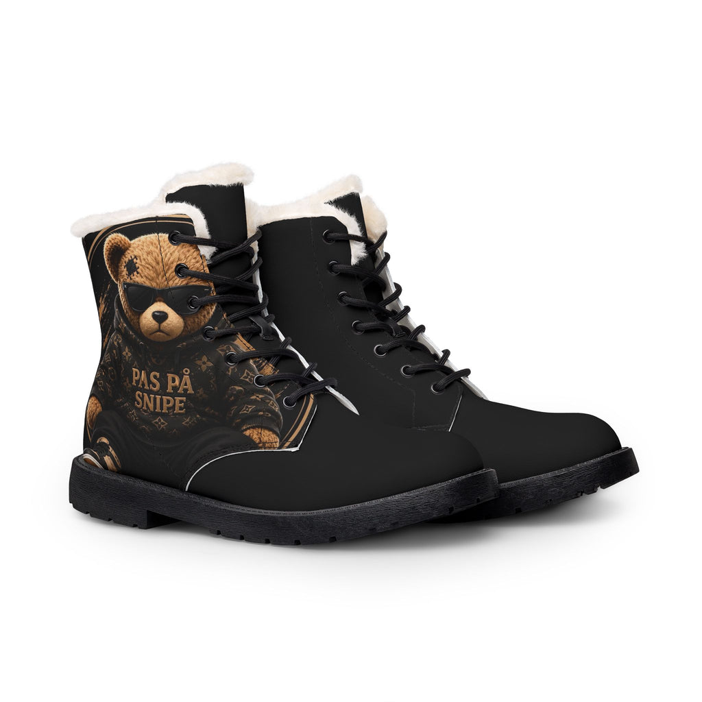 Teddy Bear Fur-Lined Leather Boots — "Pas På Snipe" Graphic Women’s Ankle Boots