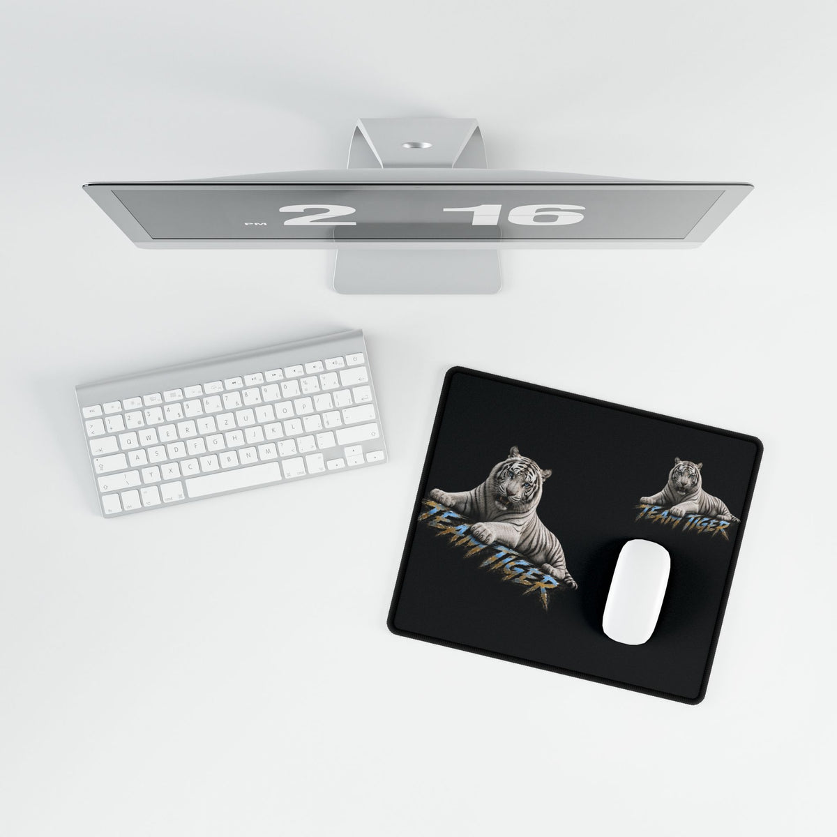 Team Tiger Desk Mat — Black Gaming Mouse Pad with White Tiger Design