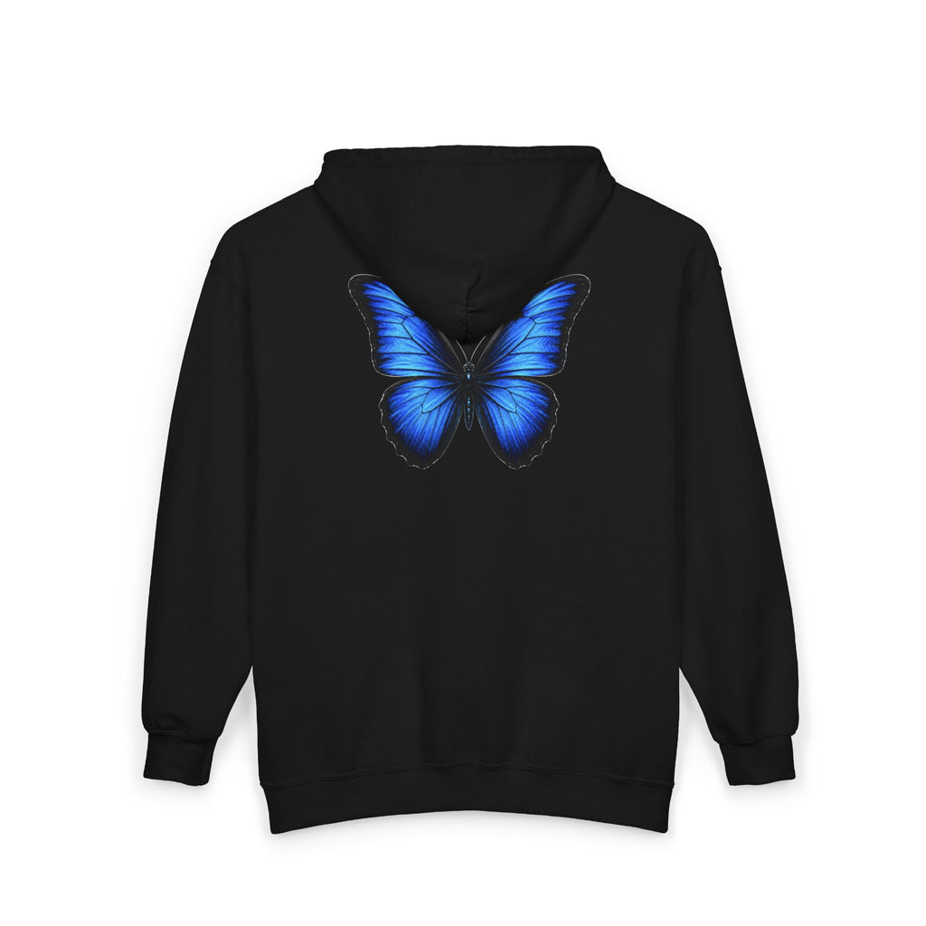 Blue Butterfly Zip Hoodie — "Team Bird" Minimal Front Logo, Vibrant Back Graphic