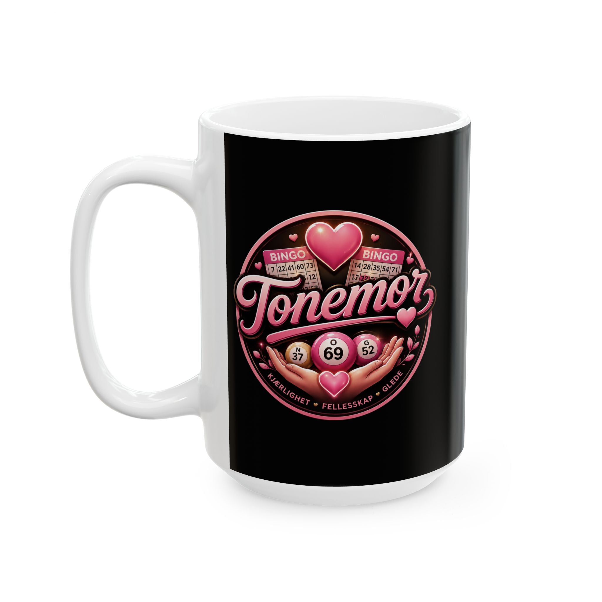 Bingo Tonemor Ceramic Mug — Pink Heart Bingo Lover Gift (11oz/15oz)