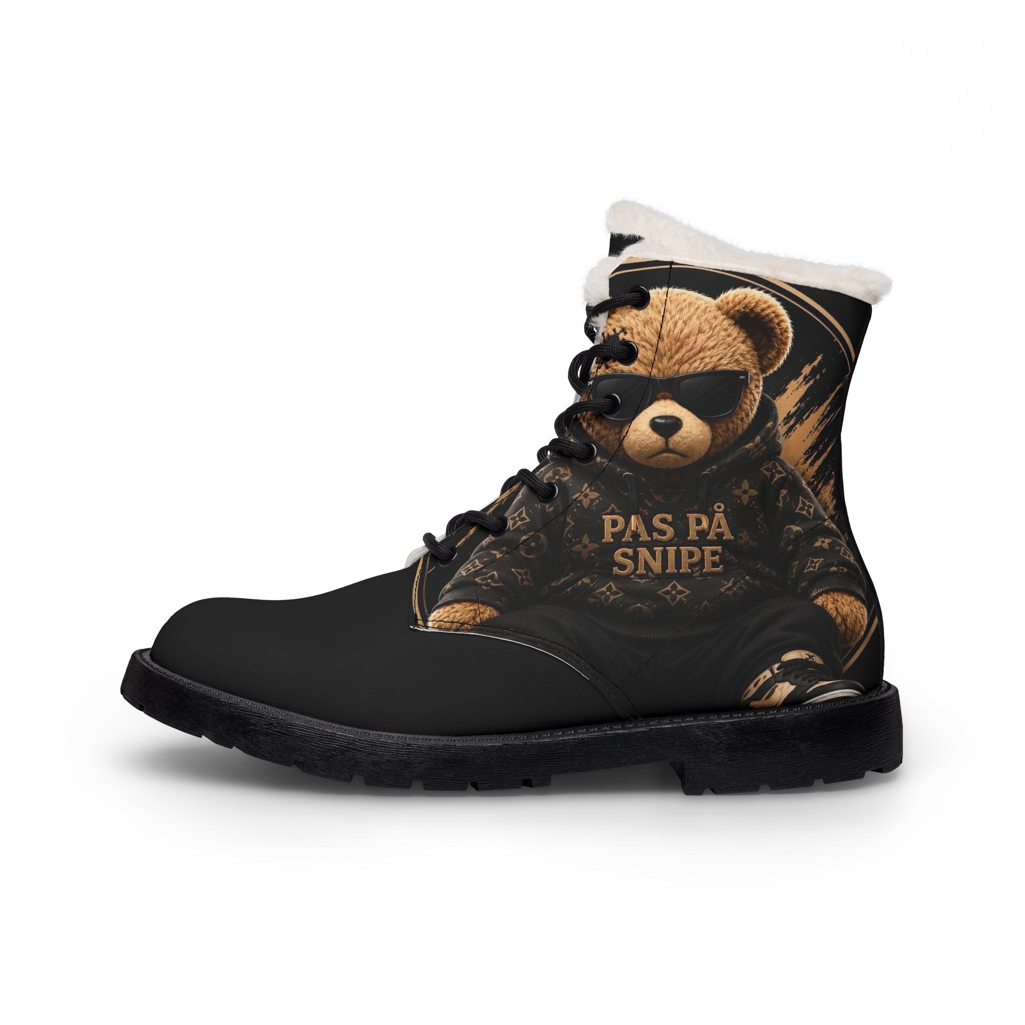 Teddy Bear Fur-Lined Leather Boots — "Pas På Snipe" Graphic Women’s Ankle Boots