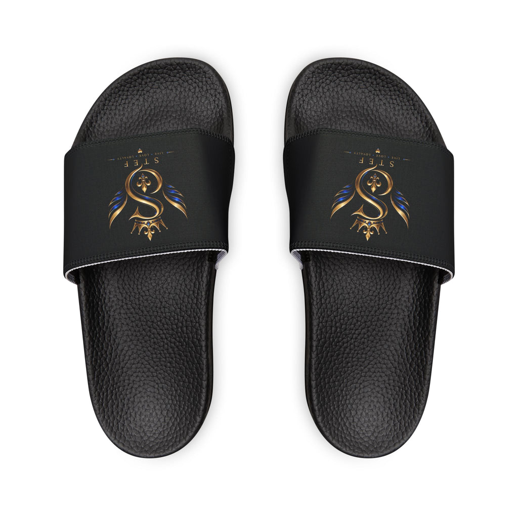 Slide Sandals — Black Strap with Gold Serpent Emblem