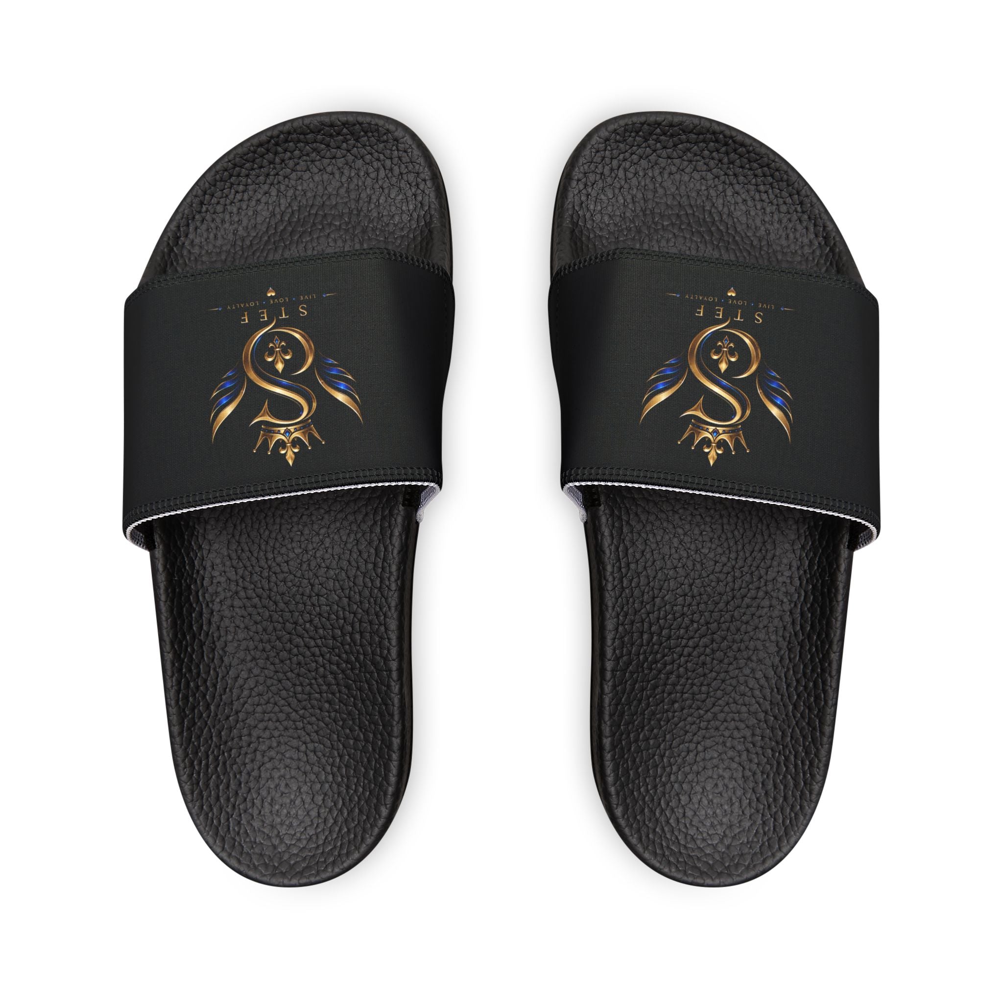 Slide Sandals — Black Strap with Gold Serpent Emblem