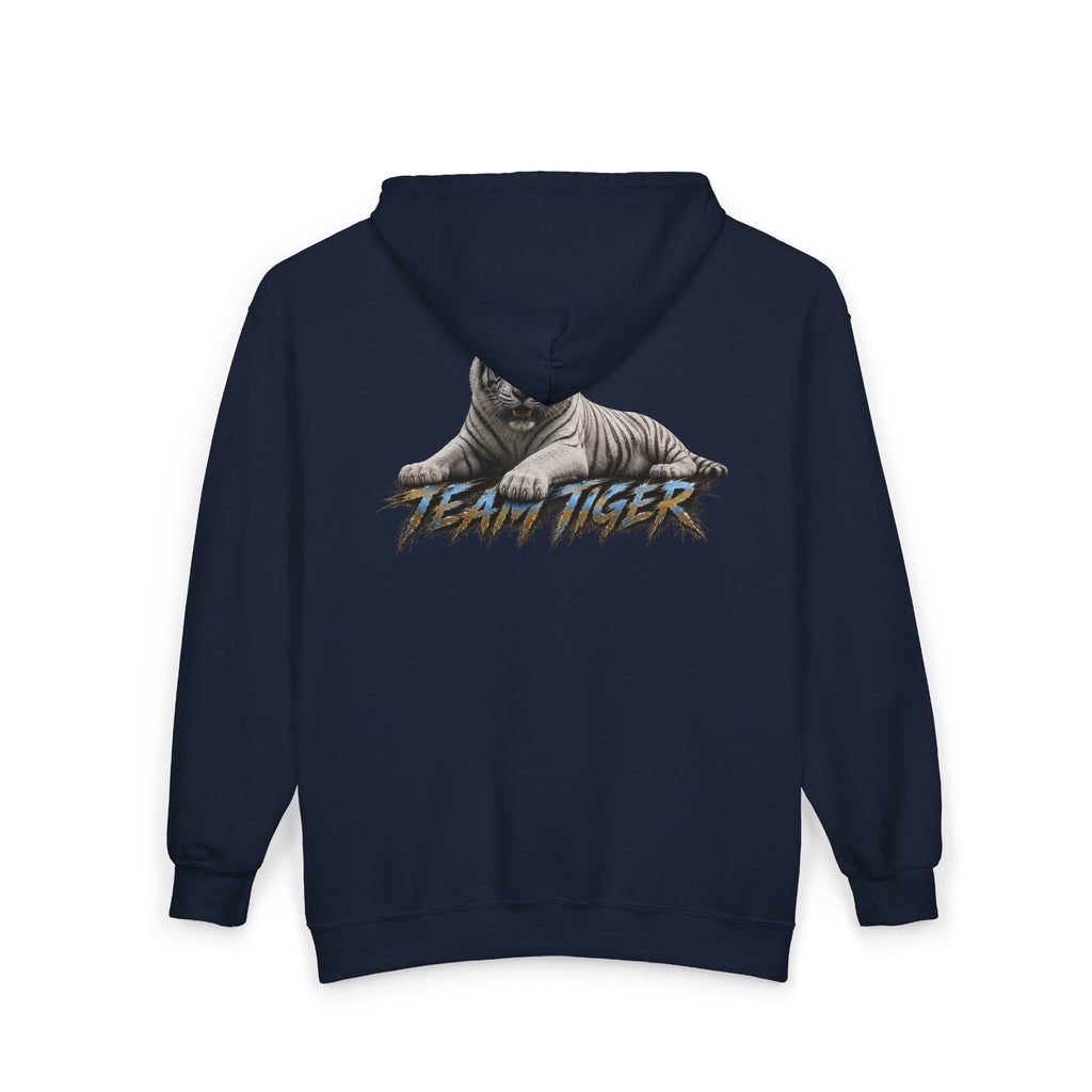Team Tiger Zip-Up Hoodie — Retro Graphic White Tiger Back Print