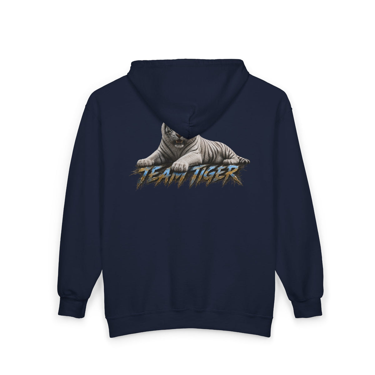 Team Tiger Zip-Up Hoodie — Retro Graphic White Tiger Back Print