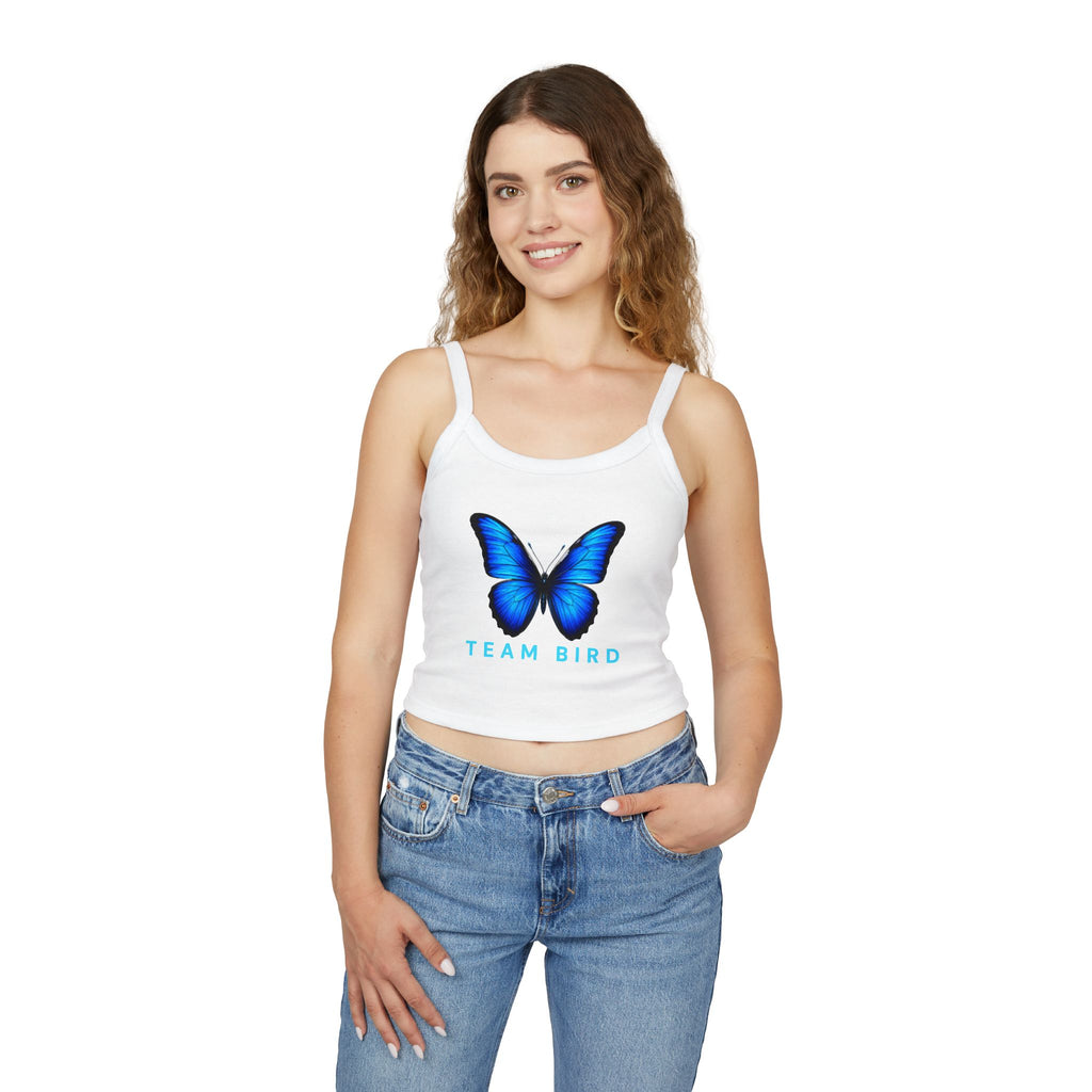 Team Bird Blue Butterfly Tank Top — Women's Spaghetti Strap Crop