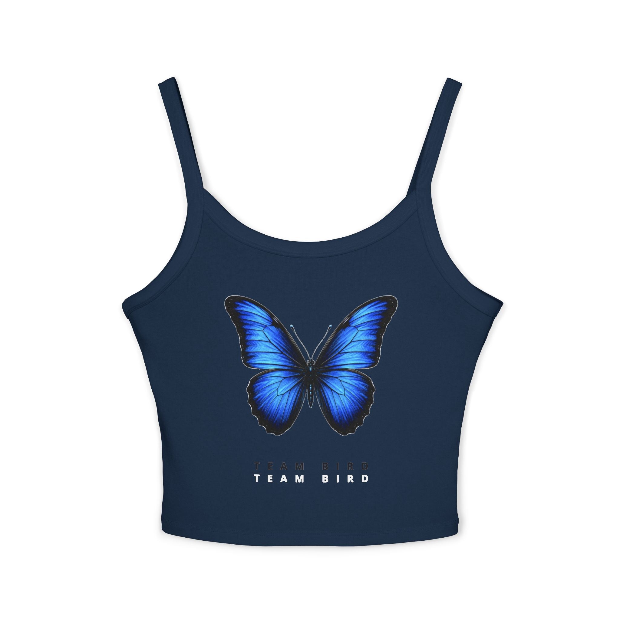 Blue Butterfly Crop Tank — "Team Bird" Women's Spaghetti Strap Top