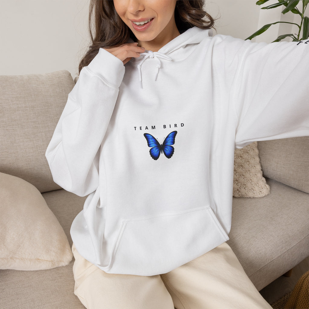Butterfly Hoodie — "Team Bird" Blue Butterfly Graphic Hooded Sweatshirt