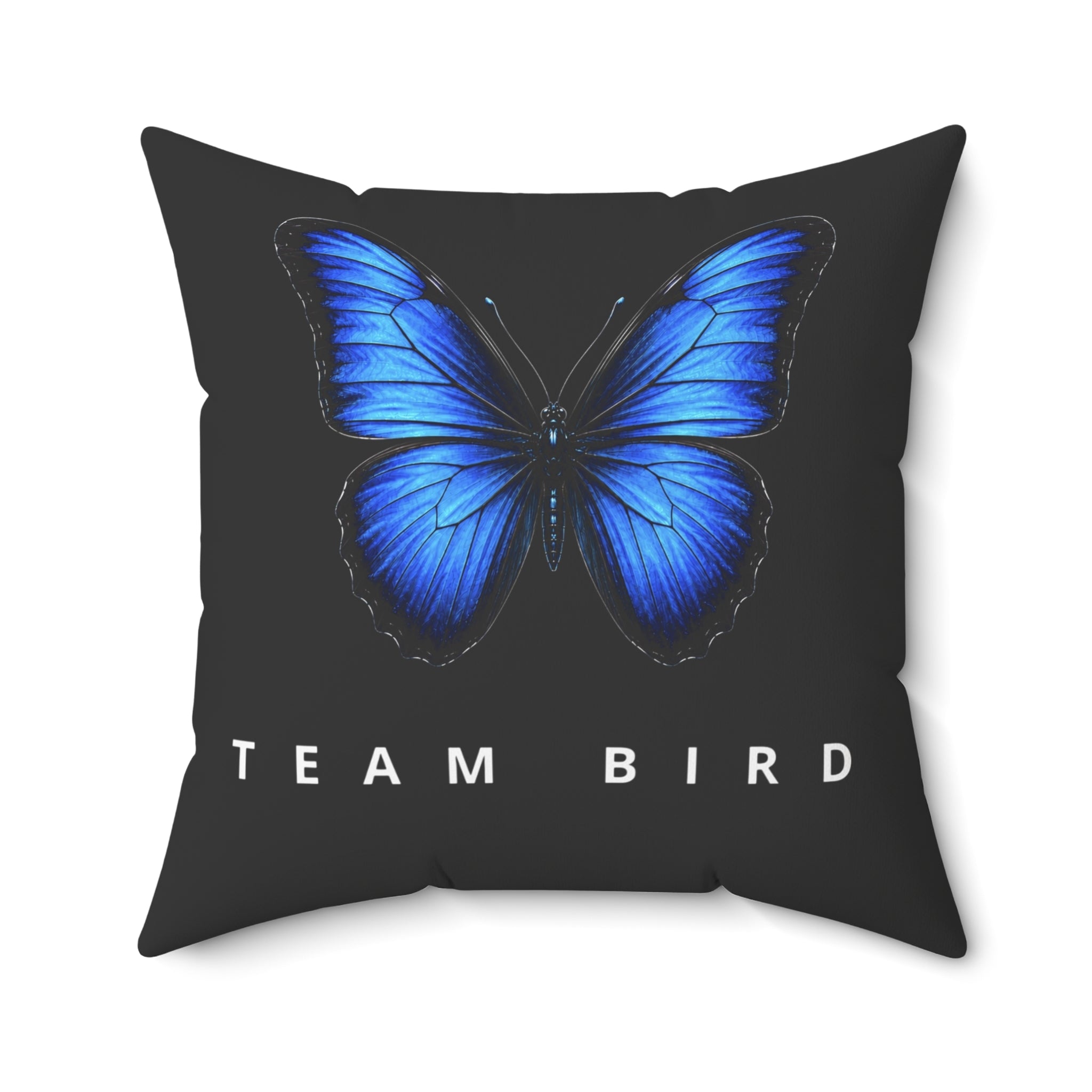 Blue Butterfly 'Team Bird' Throw Pillow — Decorative Polyester Accent Cushion