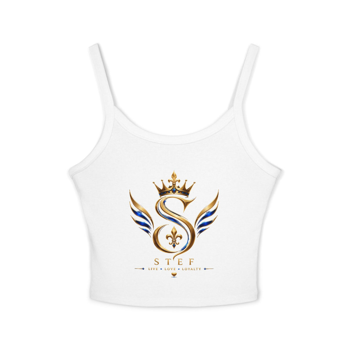 Crowned S Monogram Crop Tank Top — Gold & Blue Regal Spaghetti-Strap