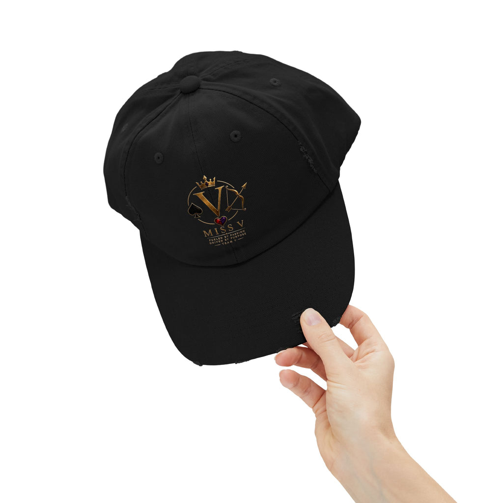 Distressed Black Cap — Miss V Crown & Card Emblem