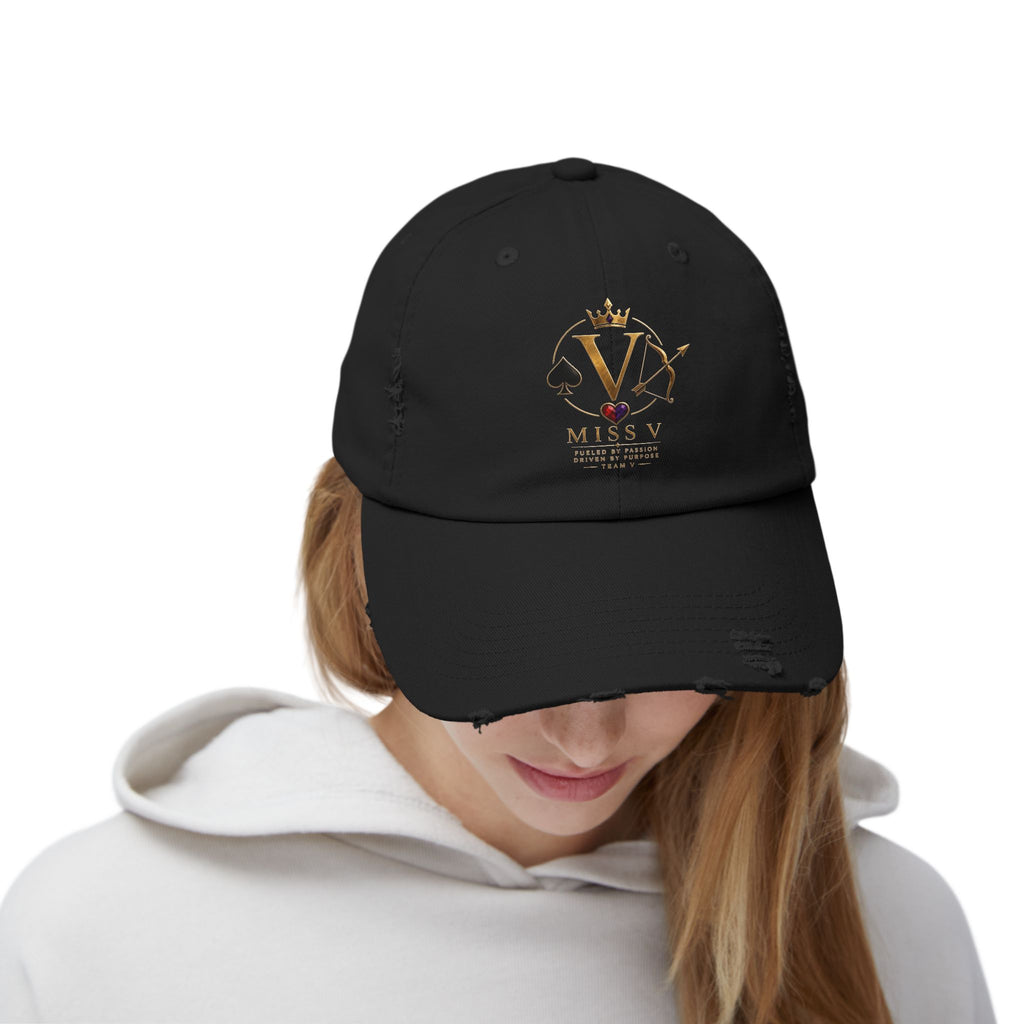 Distressed Black Cap — Miss V Crown & Card Emblem